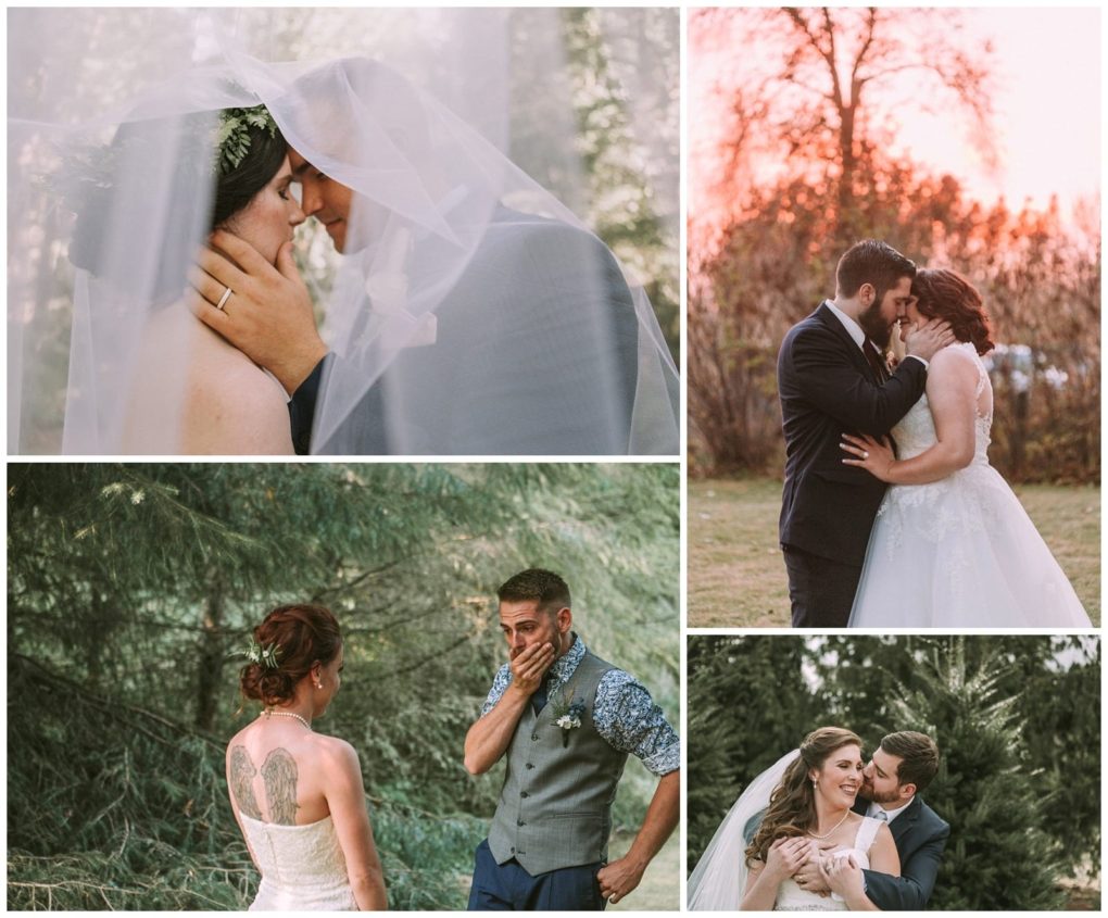 Premier snohomish & seattle wedding photographer | gsquared weddings photography a collage of four snohomish wedding photos shows a couple sharing intimate moments outdoors including kissing under a veil embracing at sunset an emotional first look and smiling together in a forested area | serving snohomish seattle                   & beyond