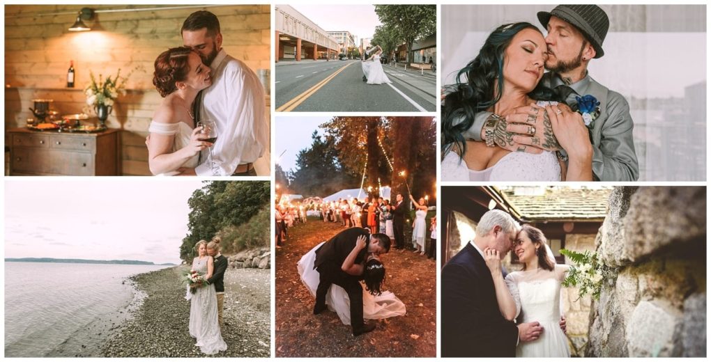 Premier snohomish & seattle wedding photographer | gsquared weddings photography a collage of six snohomish wedding photos featuring a couple embracing kissing and celebrating outdoors and indoors surrounded by nature fairy lights and loved ones in various romantic and candid moments | serving snohomish seattle                   & beyond