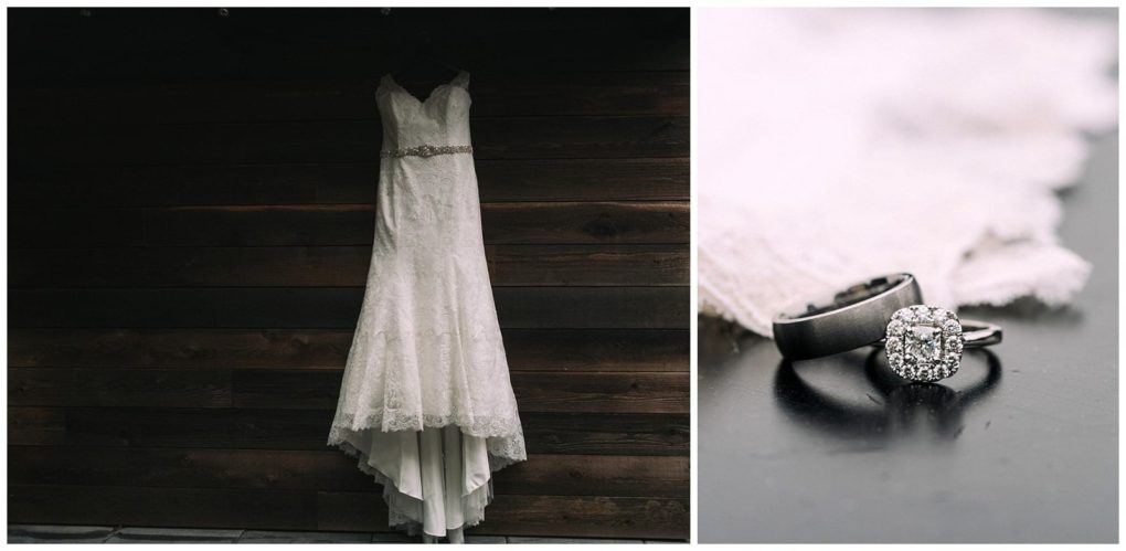 Premier snohomish & seattle wedding photographer | gsquared weddings photography a white lace wedding dress hangs against a wooden wall on the left on the right a close up of two wedding rings one with a diamond rests on lacecapturing a timeless snohomish seattle wedding moment | serving snohomish seattle                   & beyond