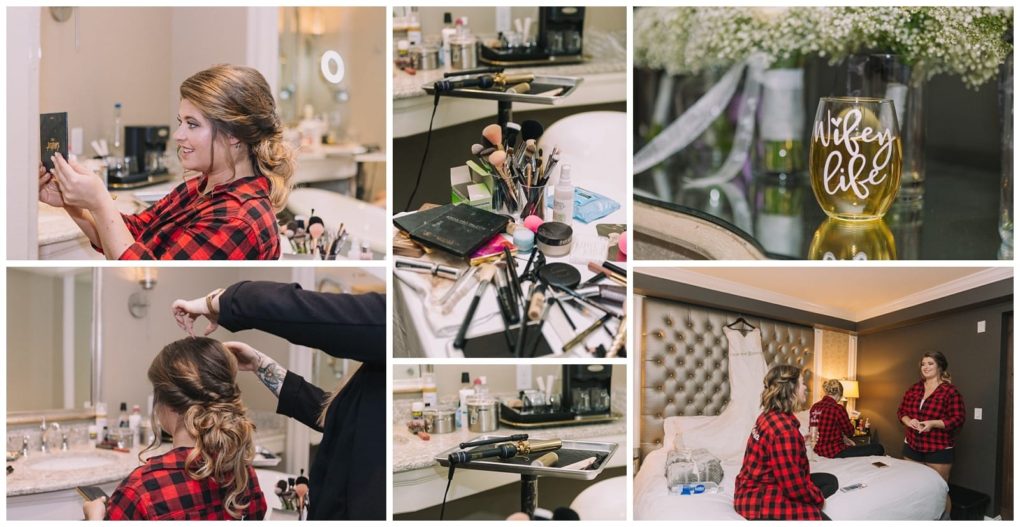 Premier snohomish & seattle wedding photographer | gsquared weddings photography a collage shows a woman in a red plaid shirt getting her hair and makeup done beauty tools scattered on a counter a wine glass labeled wifey life and two women talking on a bed before a snohomish seattle wedding | serving snohomish seattle                   & beyond