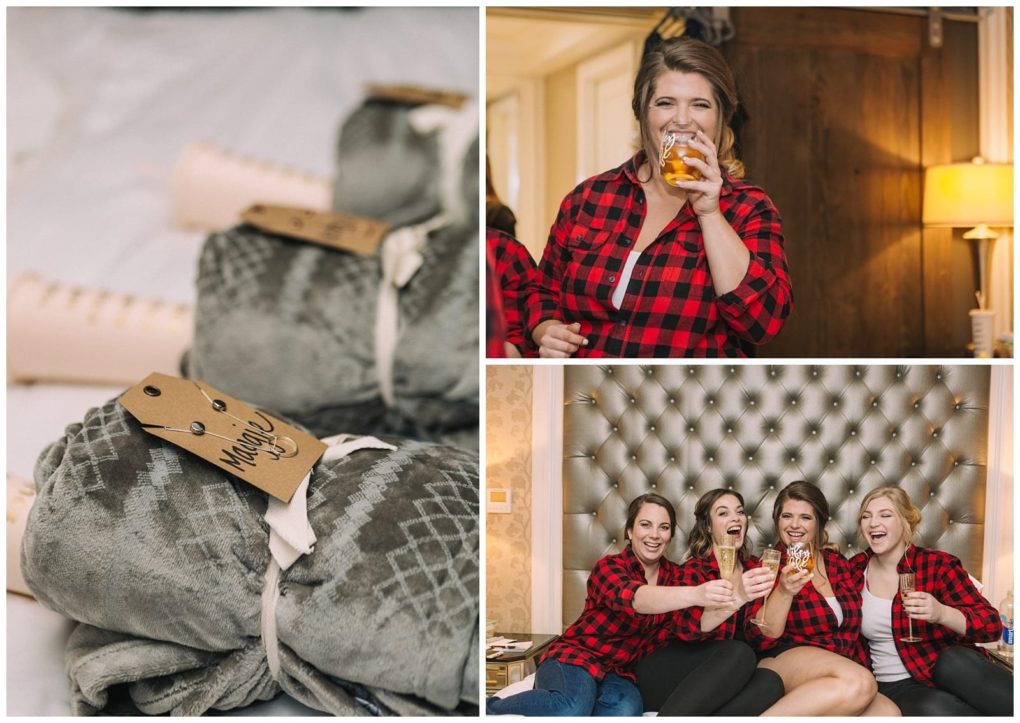 Premier snohomish & seattle wedding photographer | gsquared weddings photography collage of three images folded gray robes with maid tags a smiling woman in a red plaid shirt holding a drink three women in matching plaid shirts sitting on a bed and laughing while raising their drinks at a snohomish seattle wedding engagement | serving snohomish seattle                   & beyond
