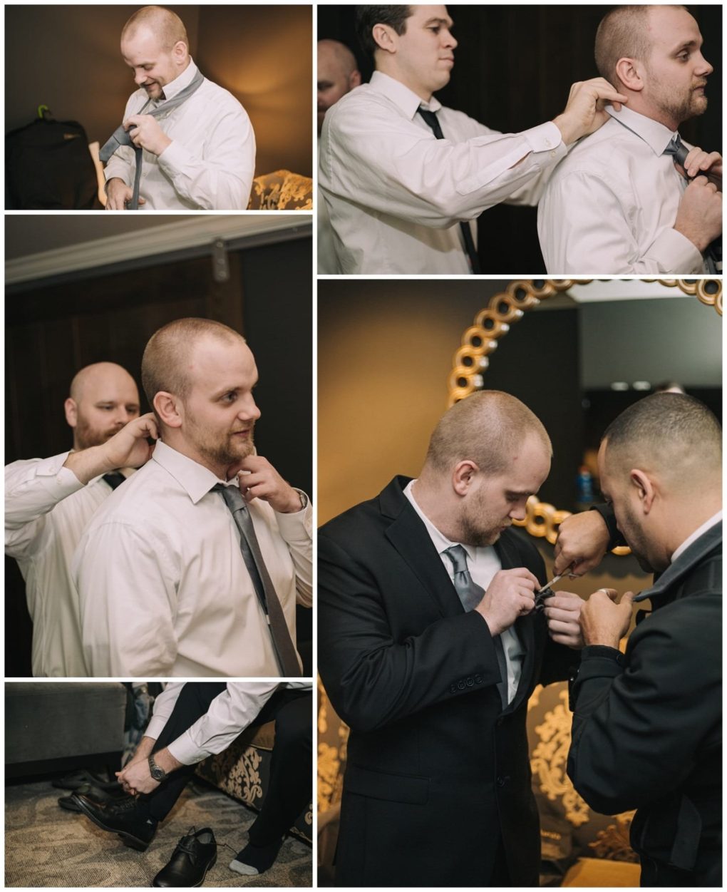 Premier snohomish & seattle wedding photographer | gsquared weddings photography a collage of five photos shows a groom and his groomsmen getting ready for a snohomish weddinghelping with ties adjusting collars and putting on shoes in a warmly lit room before the celebration | serving snohomish seattle                   & beyond