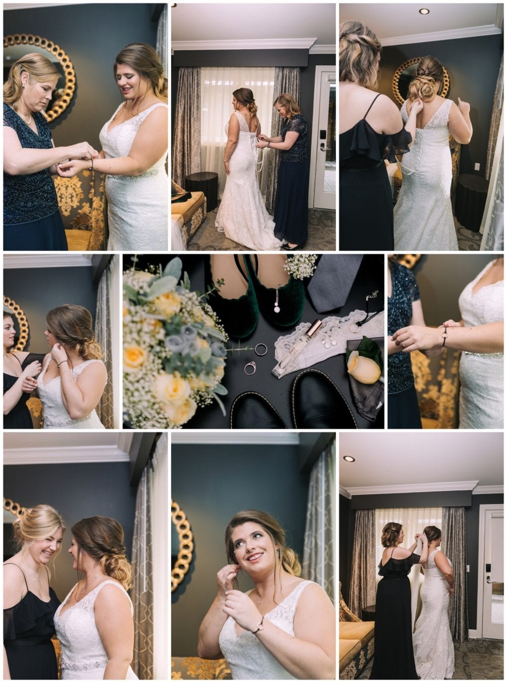 Premier snohomish & seattle wedding photographer | gsquared weddings photography a collage of nine photos shows a bride in a white wedding dress getting ready for her snohomish seattle wedding assisted by two women in dark dresses They help with jewelry hair and final touches in a warmly lit room with elegant decor | serving snohomish seattle                   & beyond