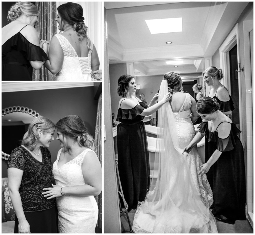 Premier snohomish & seattle wedding photographer | gsquared weddings photography a bride in a white gown is helped with her dress and veil by women in black dresses Later she smiles warmly with an older woman likely her mother All scenes are indoors and in black and white capturing timeless snohomish seattle wedding moments | serving snohomish seattle                   & beyond