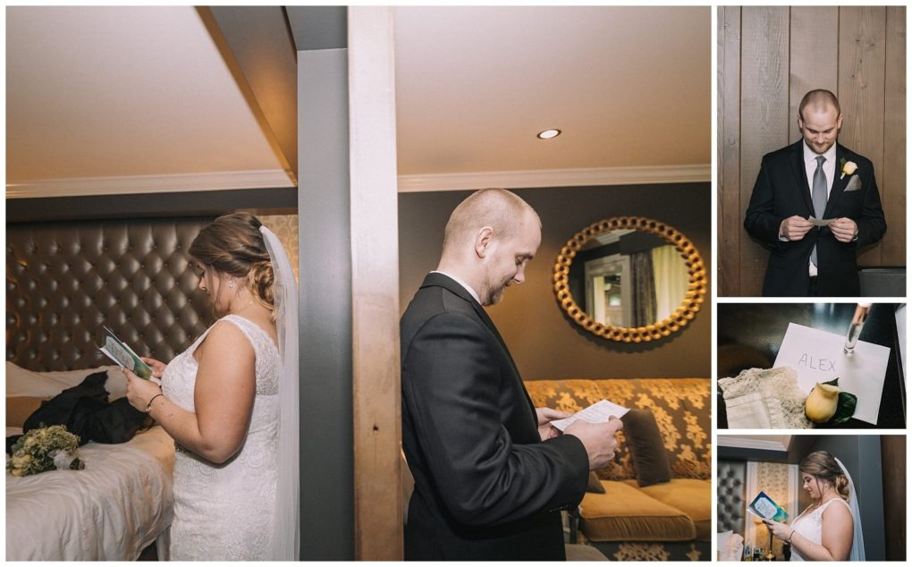 Premier snohomish & seattle wedding photographer | gsquared weddings photography a bride and groom stand back to back separated by a wall reading letters before their snohomish wedding Smaller photos show the groom smiling at his letter a card labeled alex and the bride reading with emotion in a cozy room | serving snohomish seattle                   & beyond
