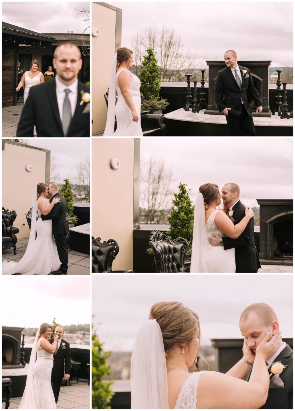 Premier snohomish & seattle wedding photographer | gsquared weddings photography a bride and groom share a first look and embrace on an outdoor rooftop at their snohomish seattle wedding The bride in a white gown and veil and the groom in a black suit smile hug and enjoy an emotional moment together under a cloudy sky | serving snohomish seattle                   & beyond