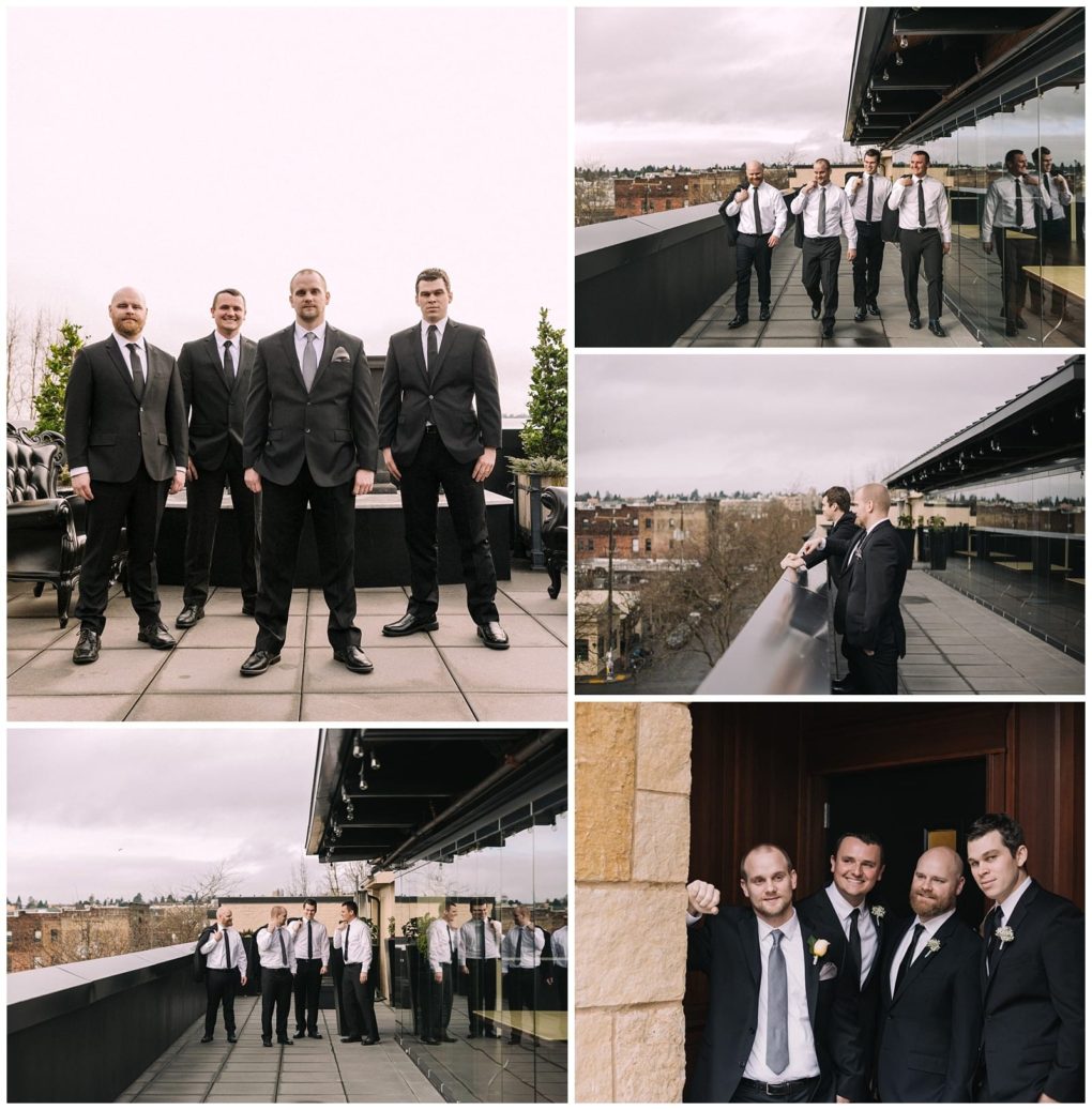 Premier snohomish & seattle wedding photographer | gsquared weddings photography a collage of five photos shows four men in suits standing walking and posing together on a rooftop terrace and next to a building on a cloudy day in snohomish likely preparing for a seattle wedding or engagement | serving snohomish seattle                   & beyond