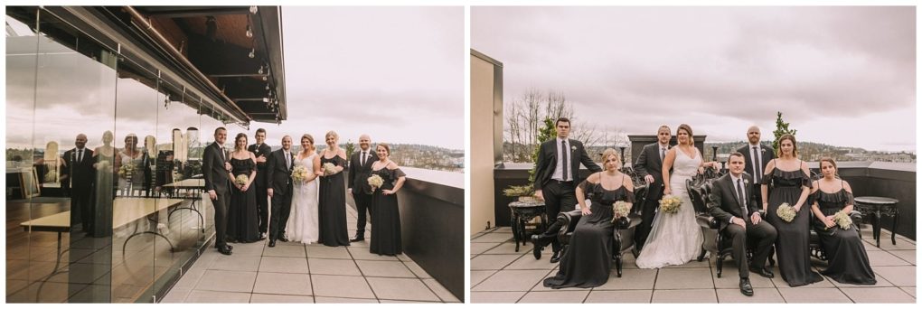 Premier snohomish & seattle wedding photographer | gsquared weddings photography two photos capture a snohomish seattle wedding party on a rooftop one shows the group standing with reflections in glass the other features some seated and others standing all dressed formally under a cloudy sky | serving snohomish seattle                   & beyond