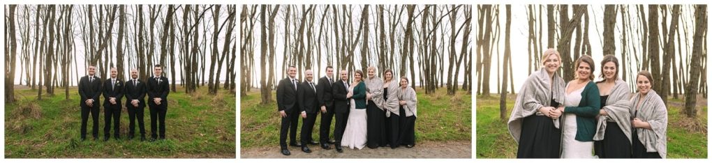 Premier snohomish & seattle wedding photographer | gsquared weddings photography three side by side photos from a snohomish seattle wedding show the groomsmen the couple with family and three women in dresses and shawls posing among tall leafless trees | serving snohomish seattle                   & beyond