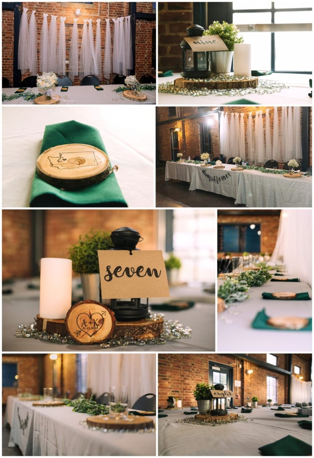 Premier snohomish & seattle wedding photographer | gsquared weddings photography wedding reception decor in a rustic snohomish venue with brick walls white draped backdrop green napkins wood slice centerpieces lanterns candles table numbers and greeneryperfect for your seattle wedding or engagement celebration | serving snohomish seattle                   & beyond