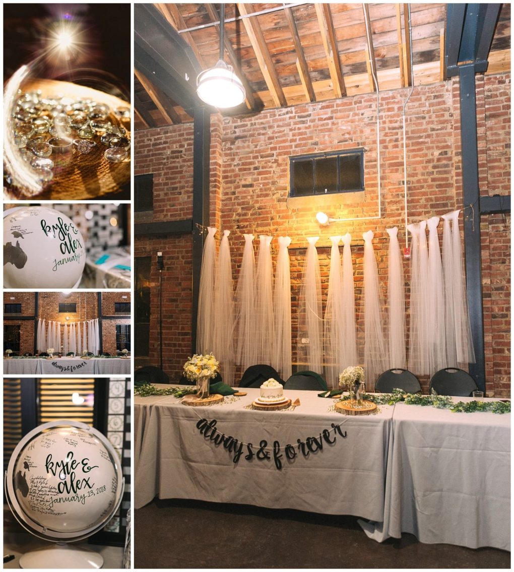 Premier snohomish & seattle wedding photographer | gsquared weddings photography a collage of rustic wedding reception decor in snohomish near seattle featuring a brick wall draped white tulle a dessert table with cakes floral arrangements and personalized signs for ryn & alexs engagement on january 13 2018 | serving snohomish seattle                   & beyond