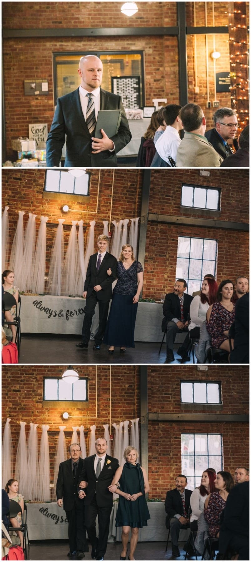 Premier snohomish & seattle wedding photographer | gsquared weddings photography a snohomish wedding ceremony unfolds in an industrial style venue with brick walls People in formal attire walk down the aisle as guests watch White tulle and a sign that reads always & forever complete this seattle engagement scene | serving snohomish seattle                   & beyond
