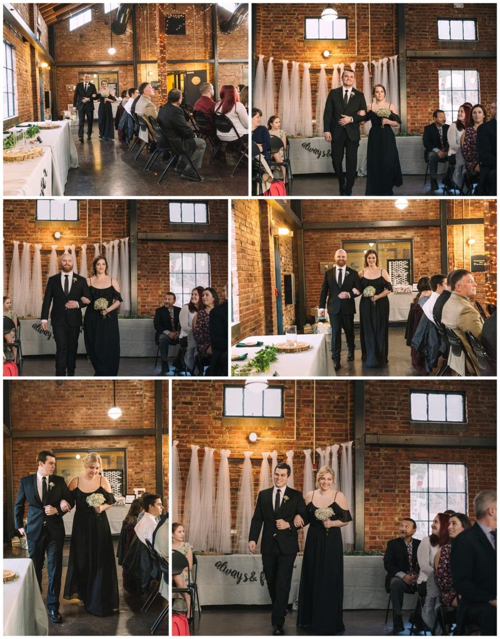 Premier snohomish & seattle wedding photographer | gsquared weddings photography a wedding party walks down the aisle in a rustic indoor snohomish venue with exposed brick walls string lights and seated guests Bridesmaids wear black dresses and groomsmen wear black suits with ties | serving snohomish seattle                   & beyond