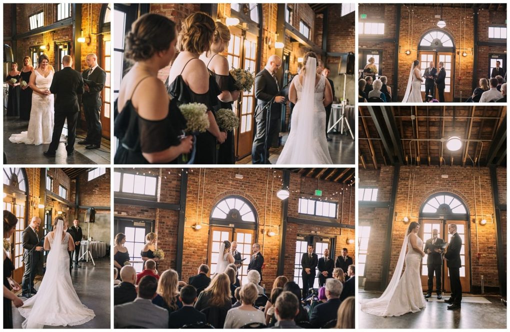 Premier snohomish & seattle wedding photographer | gsquared weddings photography a collage of wedding ceremony photos in a rustic brick walled snohomish venue with large windows The bride in a white gown and veil stands with the groom and officiant surrounded by bridesmaids and seated guests | serving snohomish seattle                   & beyond