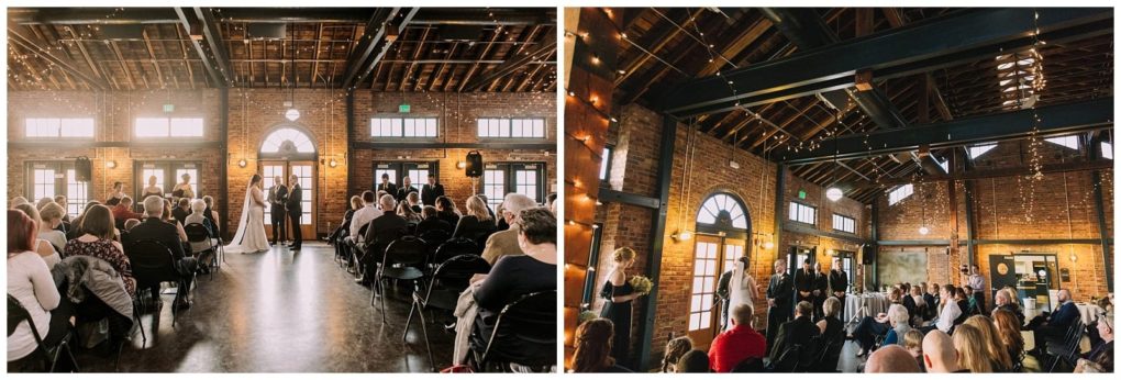 Premier snohomish & seattle wedding photographer | gsquared weddings photography two photos of a snohomish wedding ceremony in a rustic venue with exposed brick walls large windows and wooden beams Guests are seated facing the couple at the altar beneath warm string lights Perfect seattle engagement inspiration | serving snohomish seattle                   & beyond