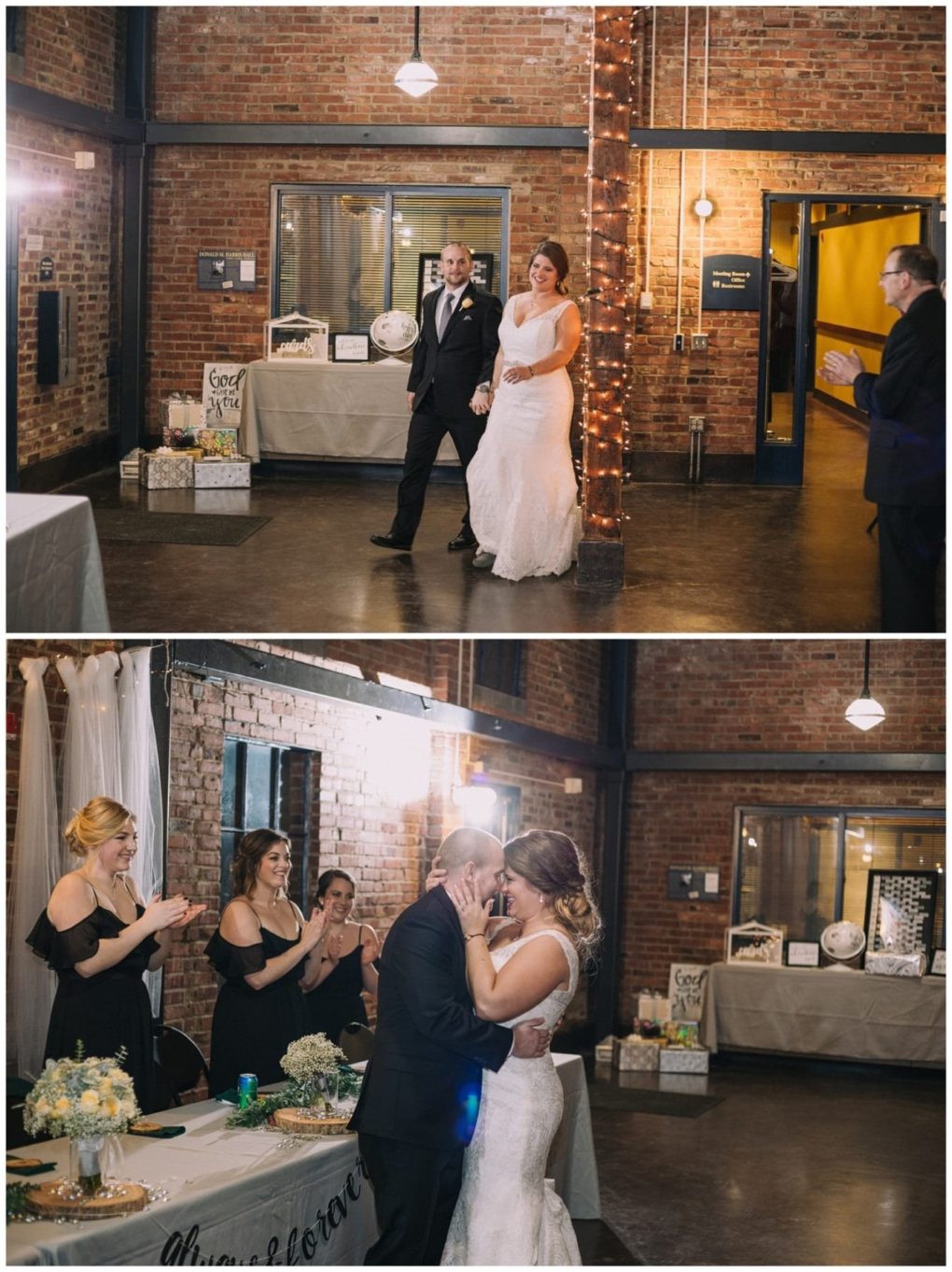 Premier snohomish & seattle wedding photographer | gsquared weddings photography two photos of a snohomish seattle wedding reception the bride and groom enter smiling as guests applaud then share a kiss while bridesmaids cheer nearby The venue features brick walls and string lights creating a romantic ambiance | serving snohomish seattle                   & beyond