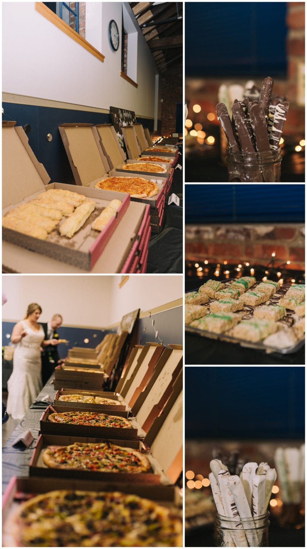 Premier snohomish & seattle wedding photographer | gsquared weddings photography a buffet table with open pizza boxes and breadsticks To the right close ups of dessert treats including chocolate dipped pretzels and decorated rice crispy squares Two people in formal attire enjoy the spread at this snohomish seattle wedding engagement | serving snohomish seattle                   & beyond