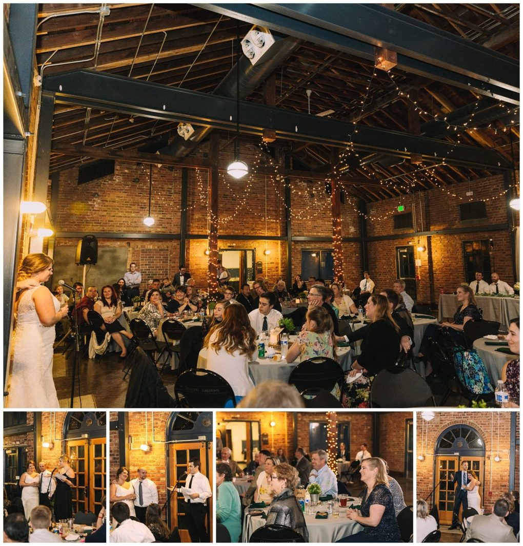 Premier snohomish & seattle wedding photographer | gsquared weddings photography a bride gives a speech to seated guests in a warmly lit rustic snohomish wedding venue with brick walls and exposed beams Additional images show guests listening and reacting while string lights add to the festive seattle atmosphere | serving snohomish seattle                   & beyond