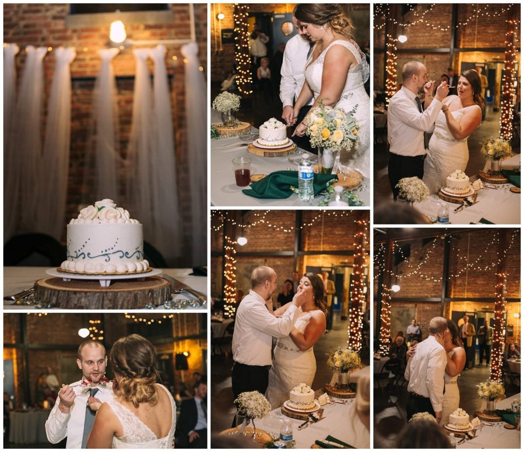 Premier snohomish & seattle wedding photographer | gsquared weddings photography a collage of snohomish wedding photos shows a bride and groom cutting and feeding each other cake with a rustic brick backdrop fairy lights and a decorated white cake on a wooden stand | serving snohomish seattle                   & beyond