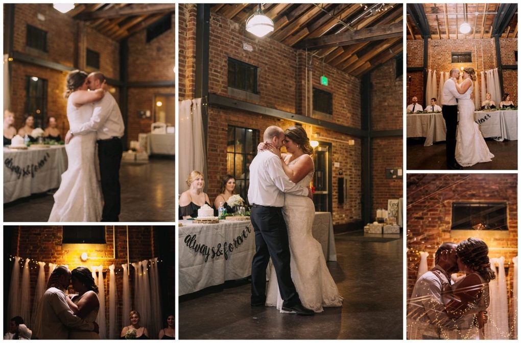 Premier snohomish & seattle wedding photographer | gsquared weddings photography a collage of wedding photos shows a bride and groom dancing embracing and sharing a kiss in a warmly lit rustic snohomish venue with brick walls and wooden beams with guests seated at decorated tables in the background | serving snohomish seattle                   & beyond