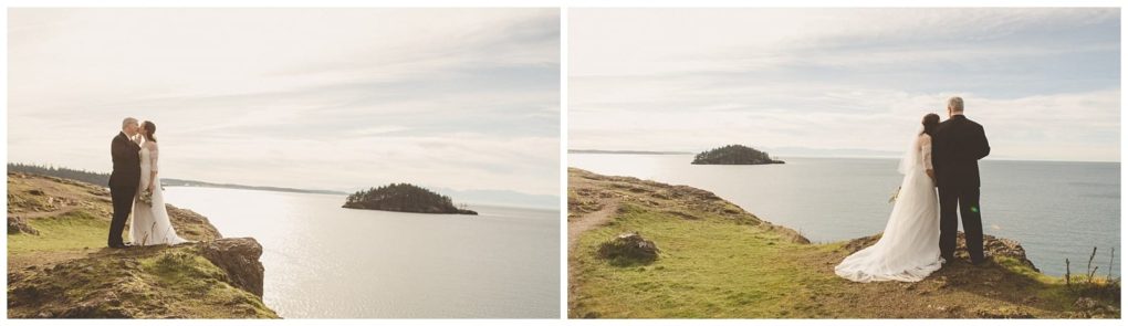 Premier snohomish & seattle wedding photographer | gsquared weddings photography two images of a bride and groom embracing on a grassy cliff overlooking the ocean near distant islandscapturing a dreamy snohomish seattle wedding engagement beneath a bright partly cloudy sky | serving snohomish seattle                   & beyond
