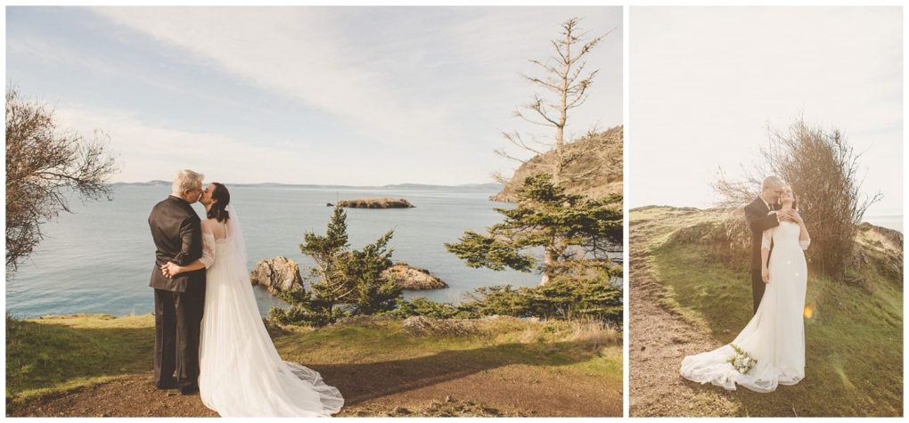Premier snohomish & seattle wedding photographer | gsquared weddings photography a bride and groom embrace outdoors on a grassy cliff overlooking the ocean near snohomish with rocky islands and trees nearby In a second photo they share a joyful moment on a sunlit pathperfect inspiration for your seattle wedding engagement | serving snohomish seattle                   & beyond