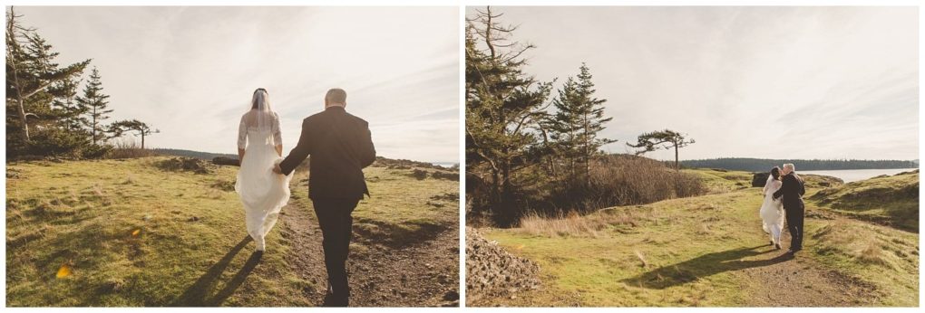 Premier snohomish & seattle wedding photographer | gsquared weddings photography a bride and groom walk hand in hand across a grassy sunlit landscape with trees and water in the background captured from behind in two side by side photos during their snohomish seattle wedding | serving snohomish seattle                   & beyond
