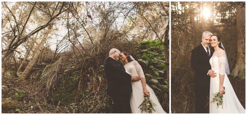 Premier snohomish & seattle wedding photographer | gsquared weddings photography a bride and groom stand close together in a wooded area near snohomish smiling and embracing Sunlight filters through the trees highlighting the brides white dress and bouquet as the groom wears a dark suit | serving snohomish seattle                   & beyond