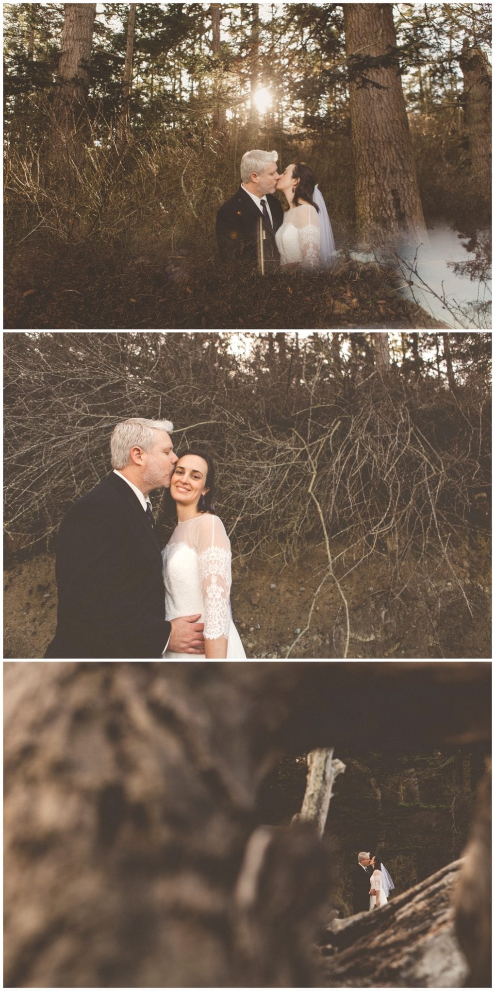 Premier snohomish & seattle wedding photographer | gsquared weddings photography a bride and groom pose together in a forest near snohomish with sunlight filtering through trees Smiling in their wedding attire they stand close surrounded by branches and the enchanting natural scenery of a seattle engagement | serving snohomish seattle                   & beyond