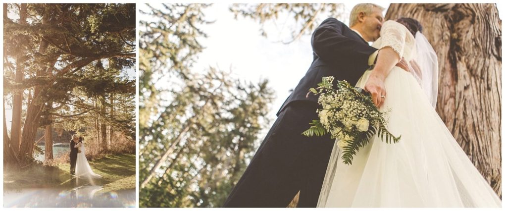 Premier snohomish & seattle wedding photographer | gsquared weddings photography a bride and groom stand outdoors surrounded by tall trees at their snohomish wedding On the left they embrace in soft sunlight On the right a close up shows them kissing with the bride holding a bouquet of white flowers and greenery | serving snohomish seattle                   & beyond