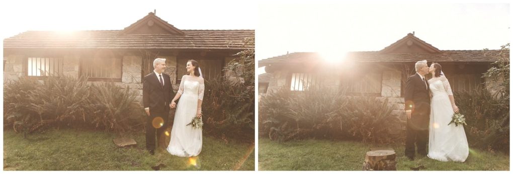 Premier snohomish & seattle wedding photographer | gsquared weddings photography a bride and groom stand together outside a rustic stone building at sunset holding hands and smiling at each other bathed in warm golden sunlight during their unforgettable snohomish wedding | serving snohomish seattle                   & beyond