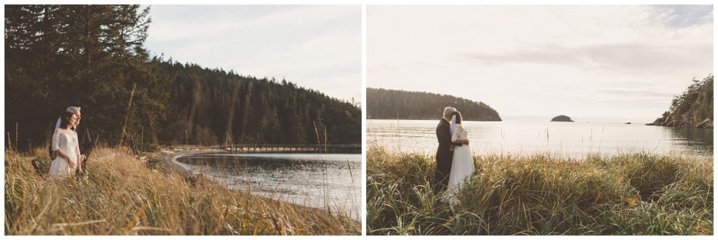 Premier snohomish & seattle wedding photographer | gsquared weddings photography a bride and groom stand by a calm scenic shoreline near snohomish surrounded by tall grass and trees In one image the bride looks toward the water in the other the couple embraces by the bay under a soft cloudy sky | serving snohomish seattle                   & beyond