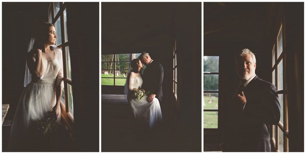 Premier snohomish & seattle wedding photographer | gsquared weddings photography a triptych shows a snohomish bride gazing out a window the couple sitting closely together on a bench and the groom standing by a windowall in soft moody light with an outdoor backdrop perfect for seattle wedding engagement portraits | serving snohomish seattle                   & beyond