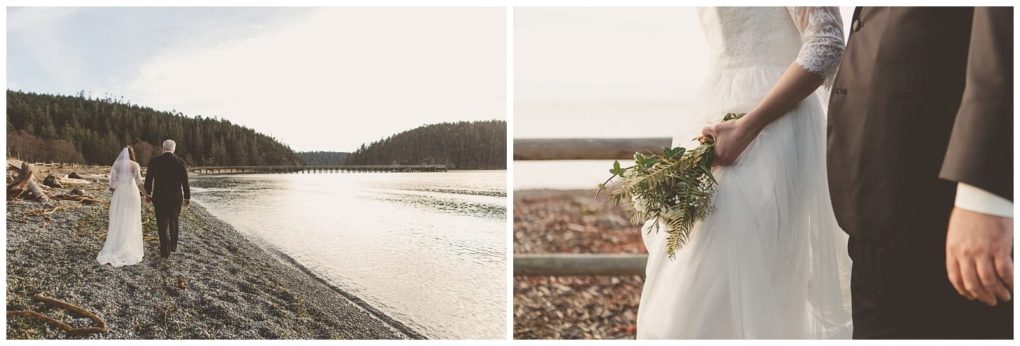 Premier snohomish & seattle wedding photographer | gsquared weddings photography side by side photos on the left a snohomish bride and groom walk along a rocky shoreline on the right a close up of the bride holding her bouquet beside the groom near the water during their seattle wedding | serving snohomish seattle                   & beyond