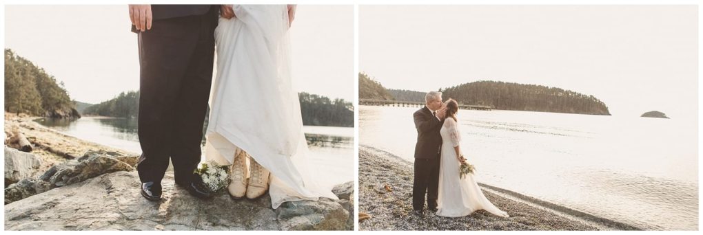 Premier snohomish & seattle wedding photographer | gsquared weddings photography two wedding photos by a calm lakeshore left a close up of a couples lower legs and shoes right the couple embraces on the rocky beach surrounded by water and distant treescapturing a serene snohomish seattle wedding moment | serving snohomish seattle                   & beyond