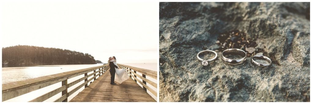 Premier snohomish & seattle wedding photographer | gsquared weddings photography a couple embraces on a sunlit wooden pier by the water near snohomish beside them a close up of three wedding rings resting on a textured rock surface captures the essence of a seattle wedding engagement | serving snohomish seattle                   & beyond