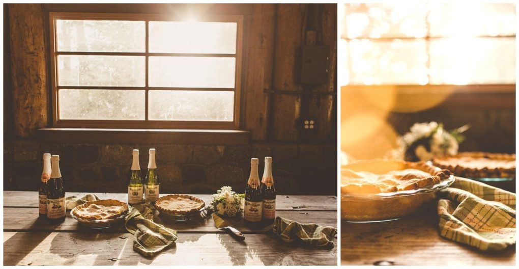 Premier snohomish & seattle wedding photographer | gsquared weddings photography three pies and four bottles of sparkling wine sit on a rustic wooden table in warm sunlight perfect for a snohomish seattle wedding or engagement A close up of the pie is shown on the right bathed in soft golden lighting | serving snohomish seattle                   & beyond