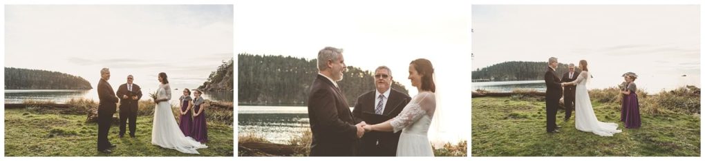 Premier snohomish & seattle wedding photographer | gsquared weddings photography a serene snohomish lakeside wedding ceremony with a couple exchanging vows outdoors near seattle accompanied by an officiant and two bridesmaids in purple dresses under a bright sky | serving snohomish seattle                   & beyond