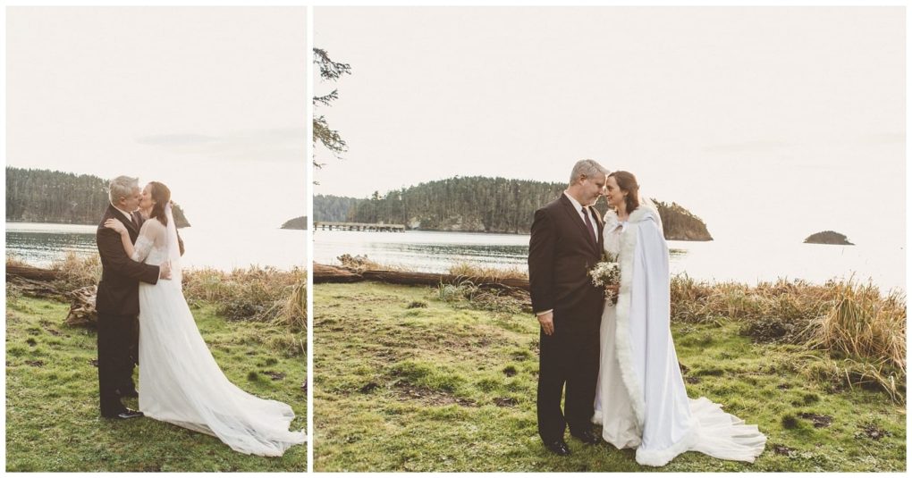 Premier snohomish & seattle wedding photographer | gsquared weddings photography a bride in a white gown and cape and a groom in a dark suit stand close together by a calm lake surrounded by grass and trees In this snohomish seattle wedding engagement they gaze lovingly at each other with an island in the background | serving snohomish seattle                   & beyond