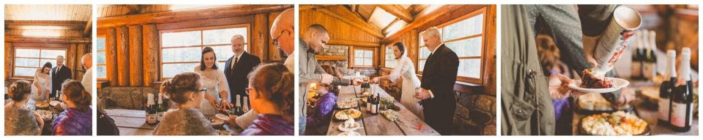 Premier snohomish & seattle wedding photographer | gsquared weddings photography a sequence of photos shows people gathered in a cozy wooden cabin near snohomish sharing food and drinks around a table smiling and socializing One image features whipped cream being added to a dessert plate | serving snohomish seattle                   & beyond