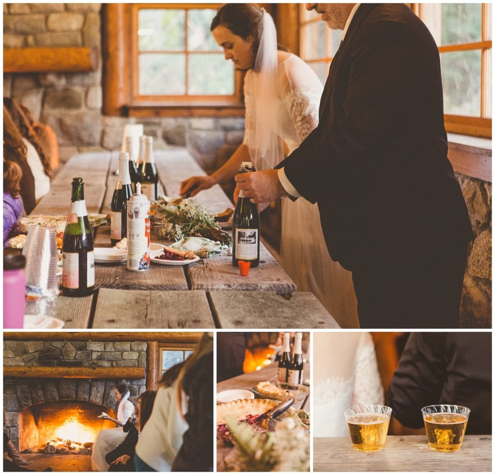 Premier snohomish & seattle wedding photographer | gsquared weddings photography a bride and groom prepare drinks at a rustic table set with bottles and food Other images show a fireplace pies and cider creating a cozy intimate snohomish wedding atmosphere perfect for a seattle engagement in a cabin | serving snohomish seattle                   & beyond