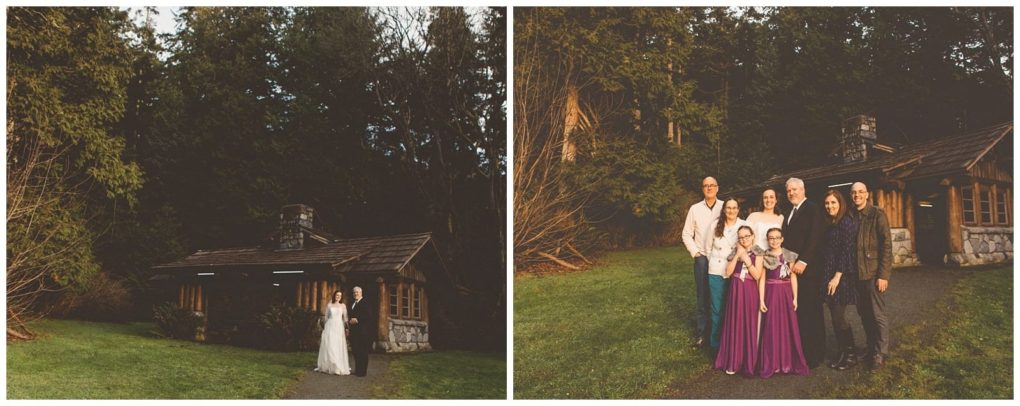Premier snohomish & seattle wedding photographer | gsquared weddings photography side by side photos on the left a couple in wedding attire stands in front of a rustic stone cabin on the right family and friends gather for a joyful group photo at this charming snohomish seattle wedding spot | serving snohomish seattle                   & beyond
