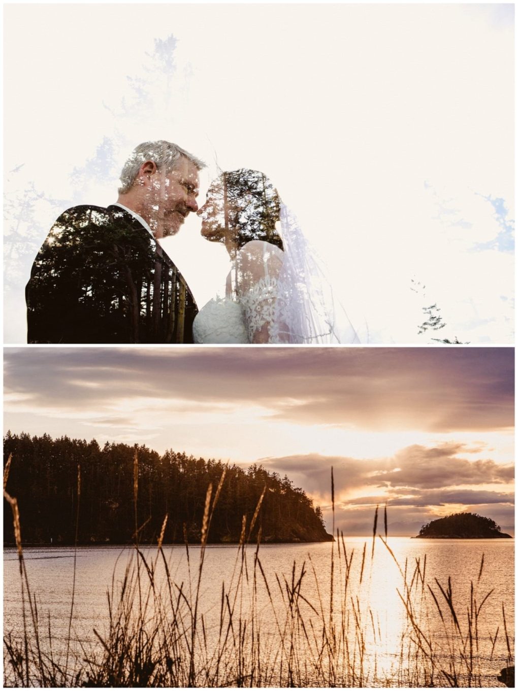 Premier snohomish & seattle wedding photographer | gsquared weddings photography top image a snohomish bride and groom face each other closely overlaid with tree silhouettes Bottom image tall grass in the foreground with a calm lake forested shoreline and a colorful seattle sunset sky in the background | serving snohomish seattle                   & beyond