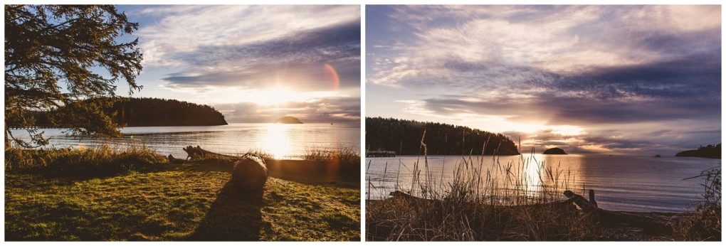 Premier snohomish & seattle wedding photographer | gsquared weddings photography side by side photos of a calm lakeshore at sunset near snohomish with tall grass in the foreground islands in the distance and a dramatic sky filled with clouds and warm sunlightperfect inspiration for seattle wedding engagement shoots | serving snohomish seattle                   & beyond