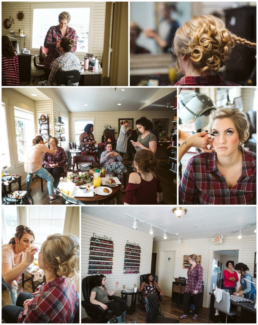Premier snohomish & seattle wedding photographer | gsquared weddings photography a group of women in a salon prepare for a snohomish wedding getting their hair and makeup done One woman with curled blonde hair in a plaid shirt is the focus interacting and getting ready with friends for the special event | serving snohomish seattle                   & beyond