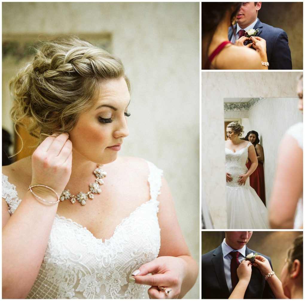 Premier snohomish & seattle wedding photographer | gsquared weddings photography collage of snohomish wedding preparation a bride adjusts her earring and necklace as a groom has his boutonniere pinned Another image features the bride and bridesmaid in elegant dresses reflecting joyful moments before their seattle engagement | serving snohomish seattle                   & beyond