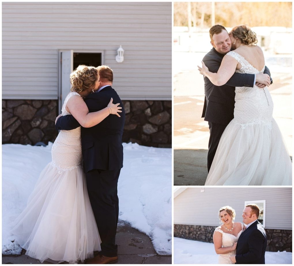 Premier snohomish & seattle wedding photographer | gsquared weddings photography a bride and groom share an emotional first look outside on a snowy day in snohomish They embrace and smile at each other standing near a gray building with stone trim capturing the magic of a seattle wedding engagement | serving snohomish seattle                   & beyond
