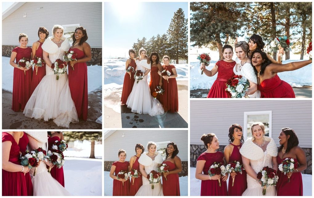 Premier snohomish & seattle wedding photographer | gsquared weddings photography a collage of bridesmaids in red dresses and a bride in white posing joyfully outdoors in the snow at a snohomish seattle wedding holding red and white bouquets smiling laughing and taking selfies together on a sunny winter day | serving snohomish seattle                   & beyond