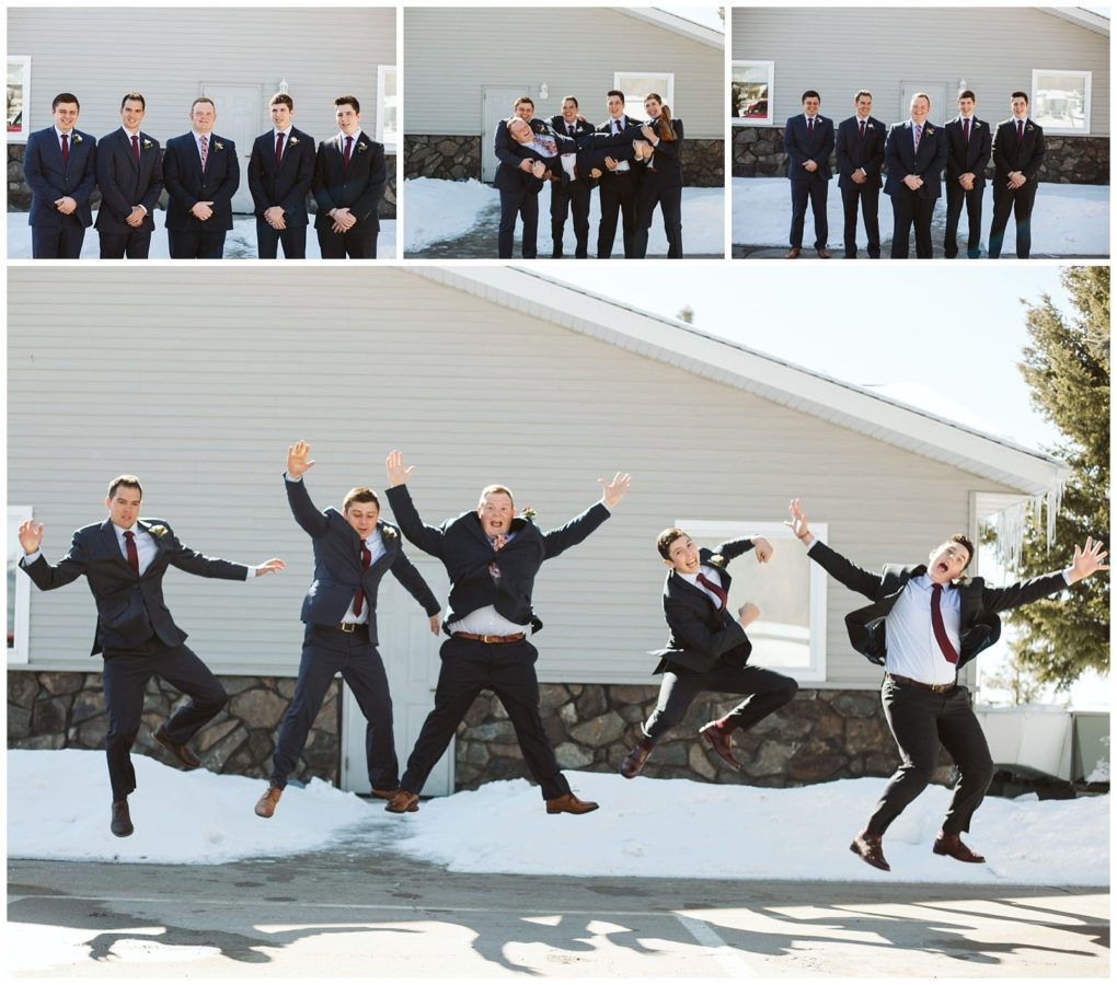 Premier snohomish & seattle wedding photographer | gsquared weddings photography five men in suits pose together outdoors in front of a house on a sunny snowy day in the last photo they joyfully jump in the air capturing the excitement and energy of a snohomish seattle wedding celebration | serving snohomish seattle                   & beyond