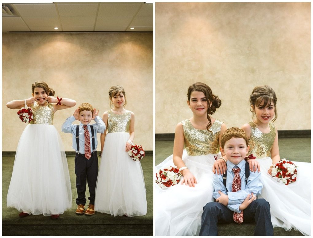 Premier snohomish & seattle wedding photographer | gsquared weddings photography two young girls in gold and white dresses hold bouquets and pose with a smiling boy in a blue shirt and tie at a snohomish seattle wedding In one photo they stand together in the other they sit with the boy between them | serving snohomish seattle                   & beyond